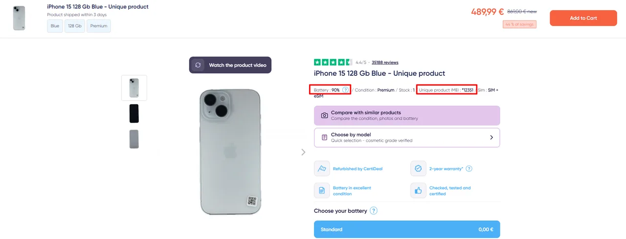CertiDeal refurbished iPhone product page with real photos, battery health and partial IMEI number